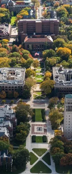 An aerial view of the Diag on Central Campus